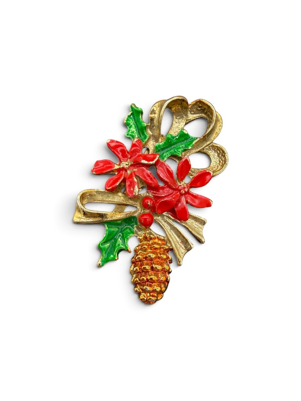 Vintage Holiday Swag Brooch: Festive Red & Green Poinsettia’s w/ Pinecone